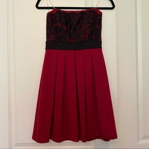 Red strapless ModCloth dress with black lace